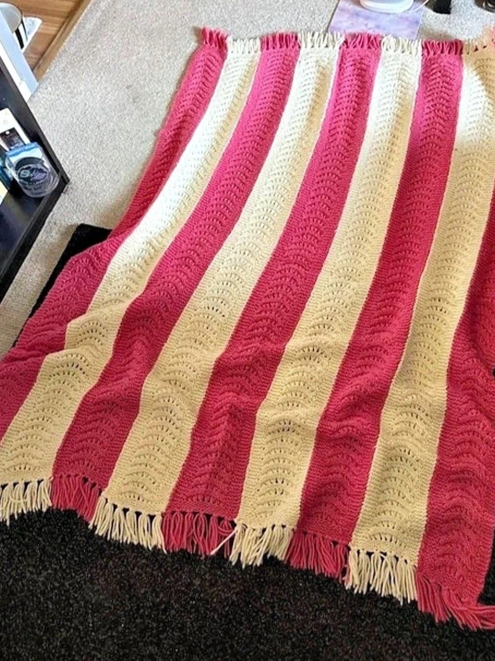 Handmade Vintage Pink & Cream Striped Knit Throw